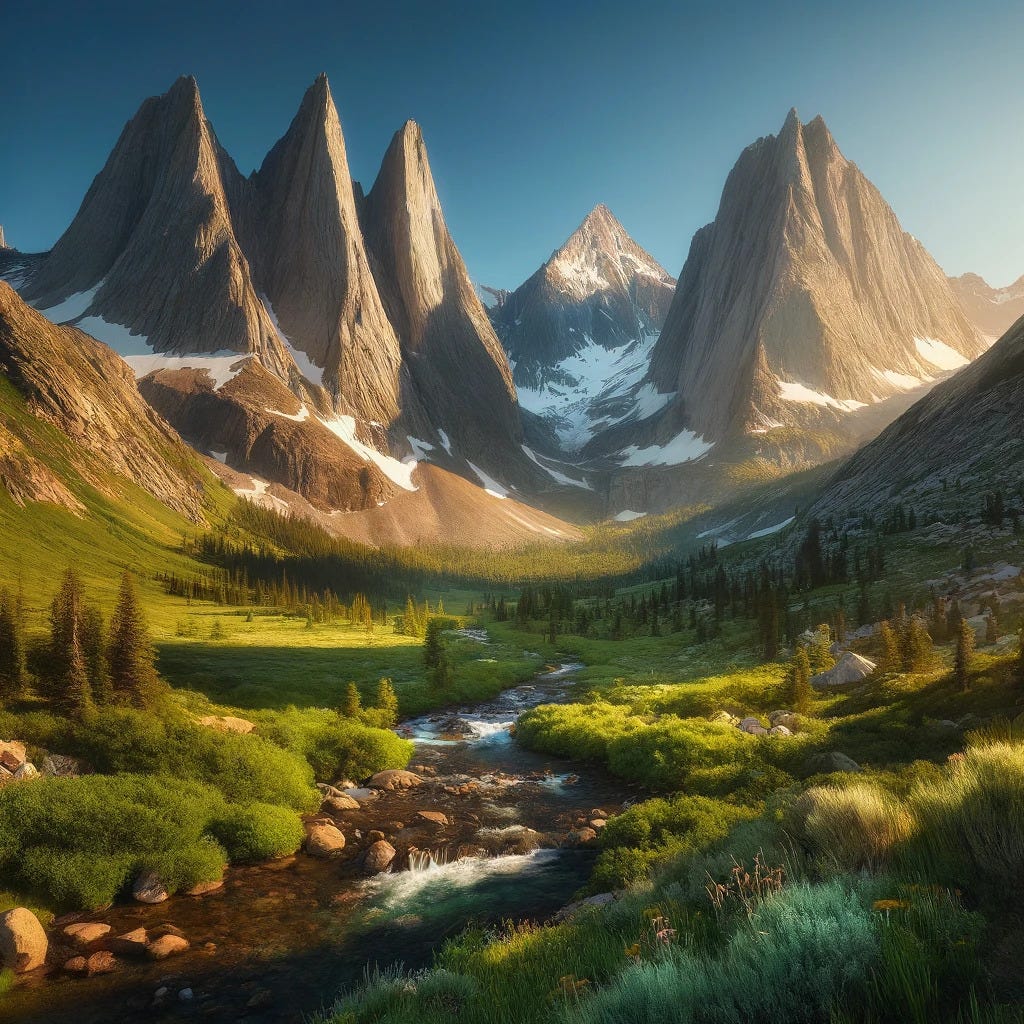 A serene landscape featuring two majestic mountains standing side by side, their peaks reaching high into a clear blue sky.