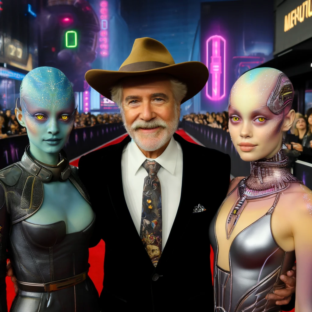 Futuristic image of a film director alongside two of his science fiction characters.
