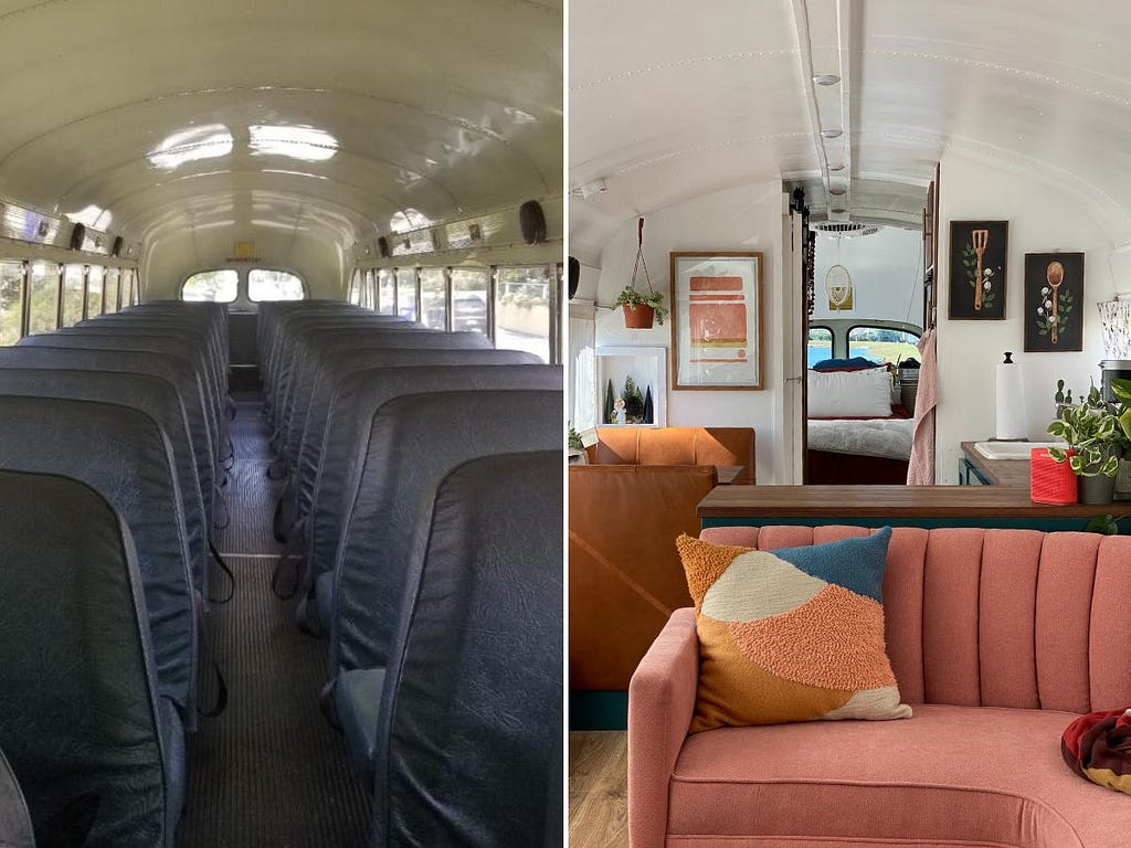 A before-and-after photo of the interior of the school bus.