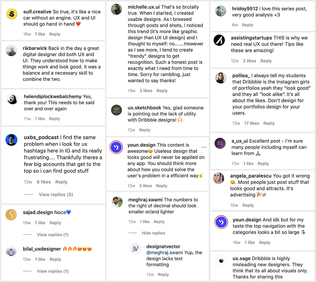 Large collection of screenshots of positive comments, as a response to the “this is not ux post”. Long and short comments