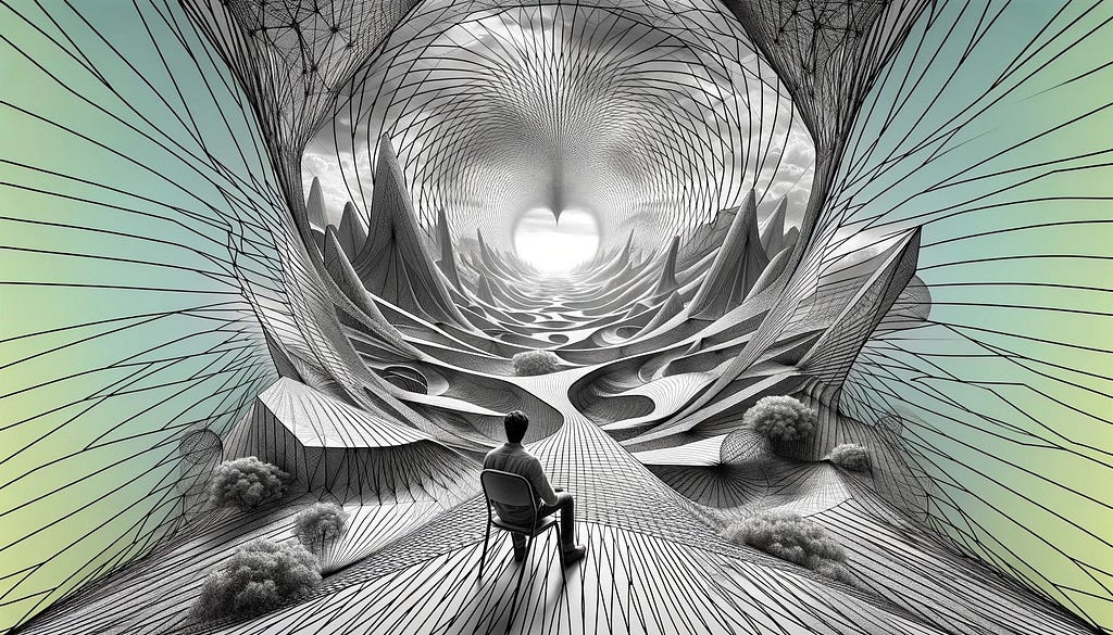 A landscape with hyperbolic geometry, as seen from the perspective of a person sitting on a chair. This surreal environment showcases the distinctive characteristics of hyperbolic geometry, with elements such as curved pathways and buildings, demonstrating how parallel lines diverge and spatial rules are altered. The scene creates an immersive and visually intriguing setting, capturing the essence of hyperbolic geometry in a VR context.