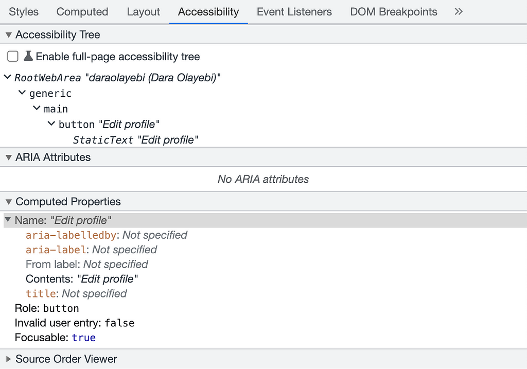 Chrome’s Accessibility Tree (within Developer tools) showing the accessibility data for a button on the webpage