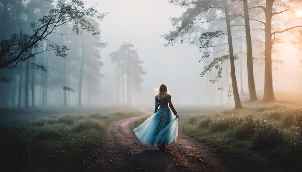 Girl wandering through misty woodland