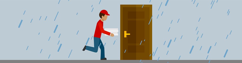 Illustration: Delivery man running with pizza boxes to front door while in the rain.