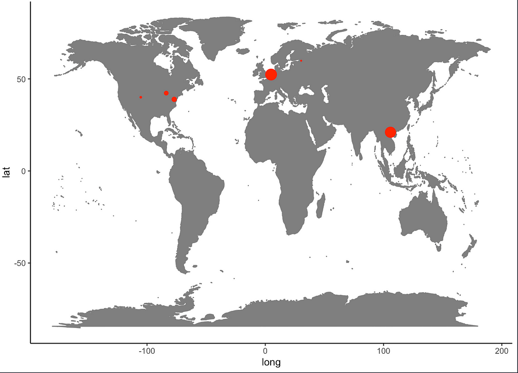 World map with IP geolocation data in red points