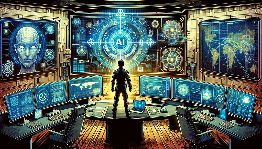 Futuristic cybersecurity command center depicted in a graphic novel style, with screens showing advanced AI algorithms and digital maps, centered around a cybersecurity expert, illustrating the evolving challenges of AI in cybersecurity.