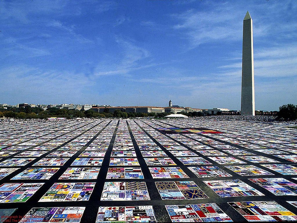Thousands of quilted panels, each one hand-made, laid out in front of the 320-metre high obelisk that is the Washington Monument.