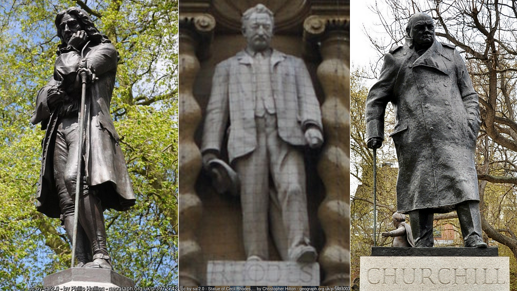 Controversial statues — Edward Colston, Cecil Rhodes, Winston Churchill.