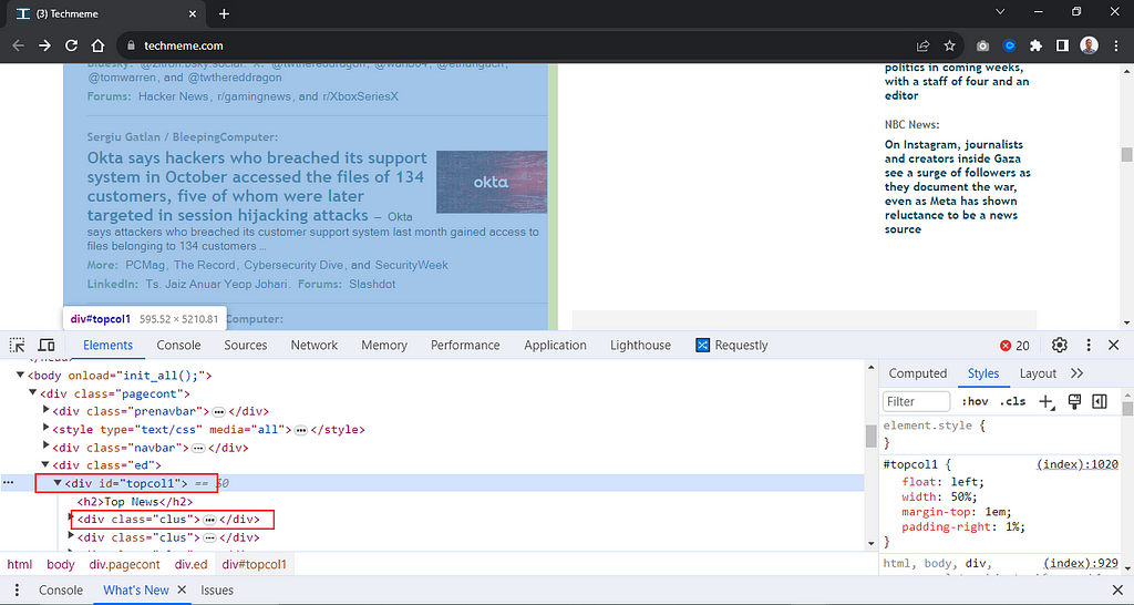 Inspect element on Techmeme with chrome DevTools