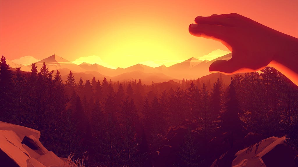 A screenshot of Firewatch. The sun sets over a pine forest, everything is tinged orange. From a first-person perspective, your character raises his hand to block the light from his eyes.
