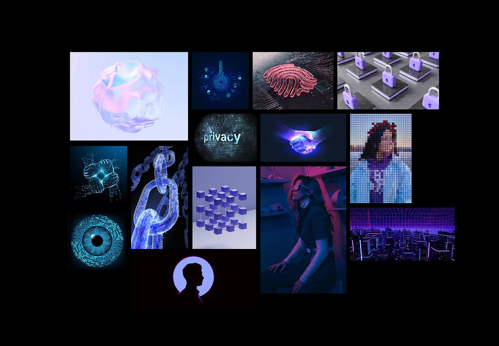 Collage of the following images: Abstract shape in combination of being pink and see-through, Glowing lines designed to form a shape of a key, Abstract fingerprint, Illustrated padlocks, Glowing “privacy” text, Abstract handshake, Pixelized portrait, Glowing chain, Blockchain, Abstract eye, Shadow of a profile, Steam-punk photo of a lady and virtual city. Dominated by purple color. Pause now if you want to guess the brand attributes. — The brand attributes: Trust, Privacy and  Security