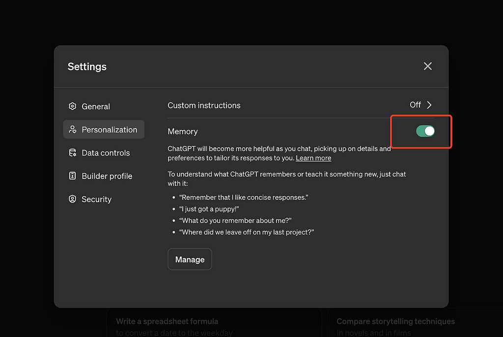 Screenshot of ChatGPT Settings where users can toggle Memory as off/on and managed stored memories