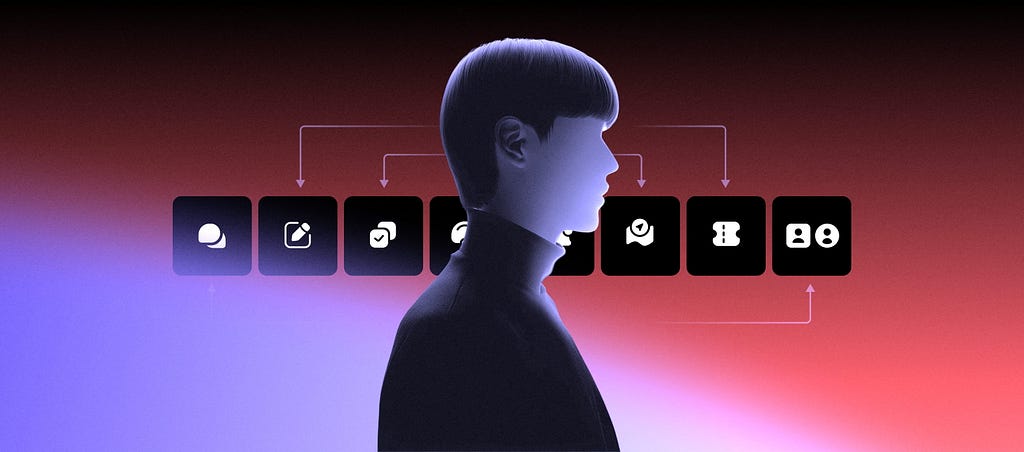 Illustration of a person in profile with a horizontal row of AI intent-mode icons behind them, connected by arrows.