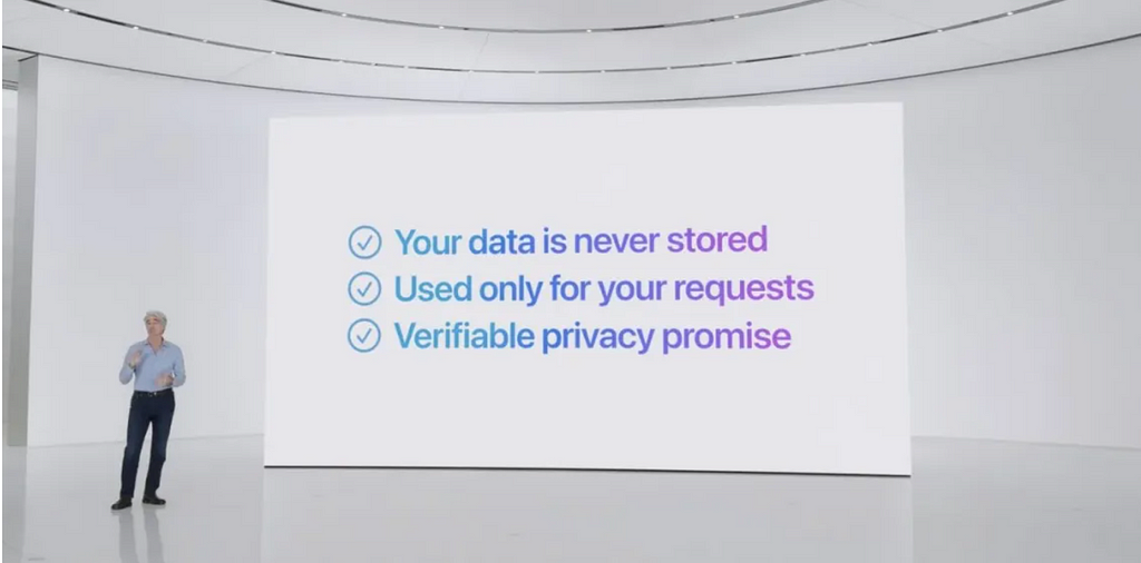 Photograph of the Apple Intelligence launch, showing a screen that says “verifiable privacy promise”