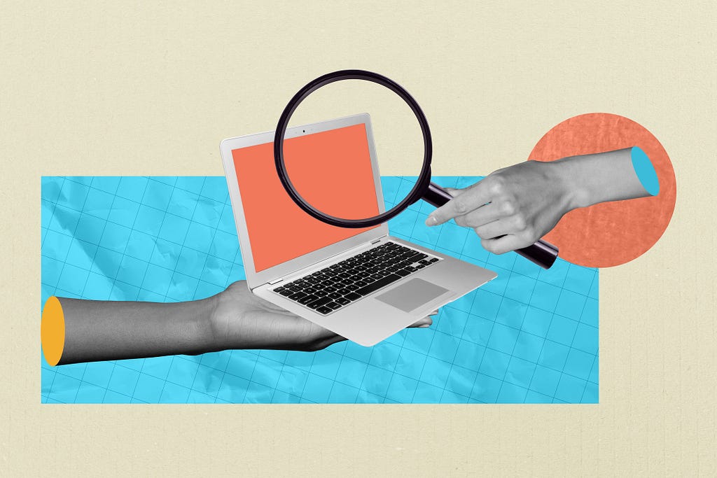 Collage of one hand holding an open laptop and another holding a magnifying glass over the screen.