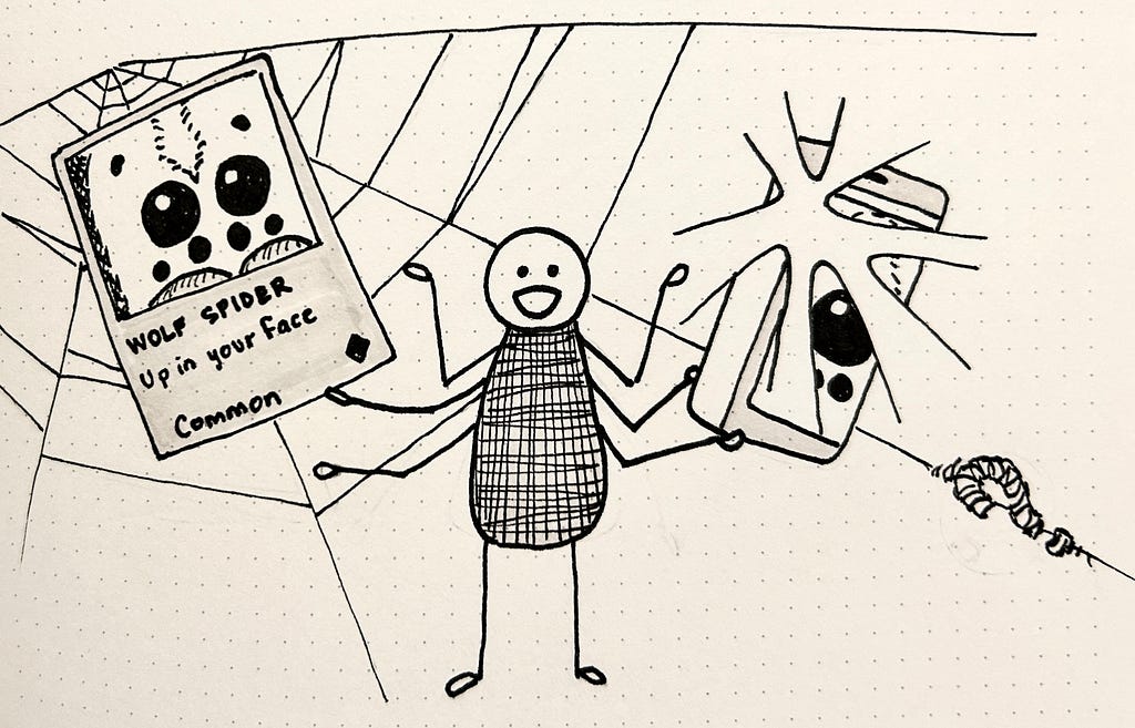 Drawing of a character with eight arms and legs standing in front of a web with a wolf spider trading card and a phone with a screen that is obscured by a light glare, and a question mark wrapped in webbing.
