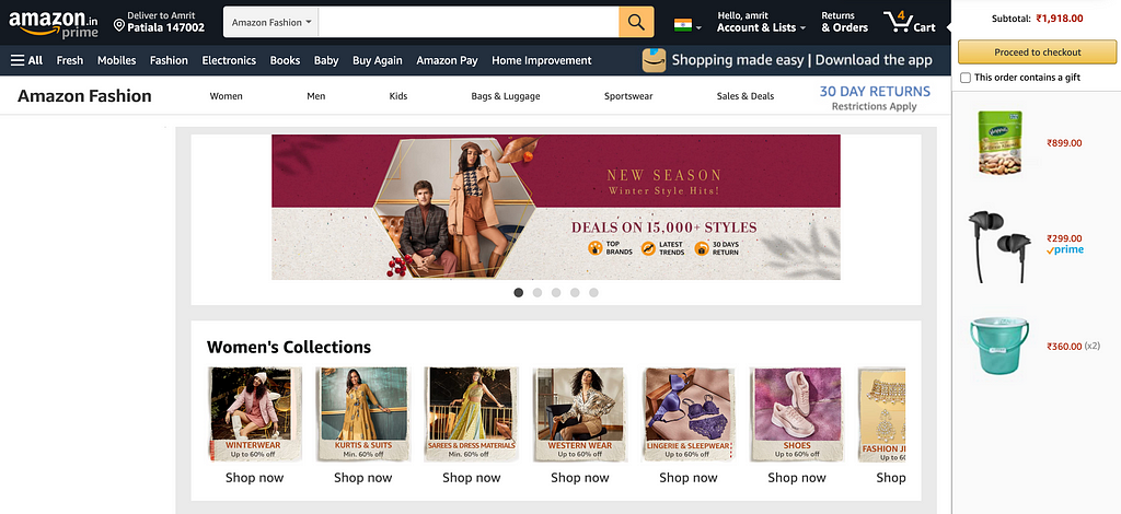Amazon shows Card Page along with shopping experience to reduce a step in the conversion funnel