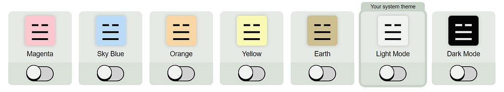 Examples of colored overlay options including system theme default options Light and Dark modes.