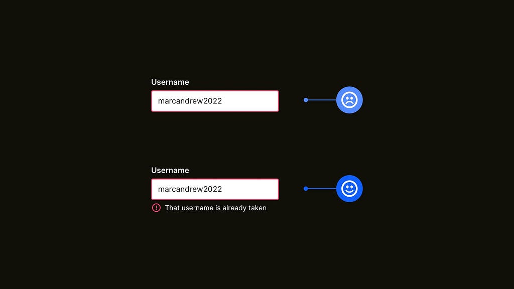 Two form design examples. One using only a red border as an error state warning, and the other using an icon and message