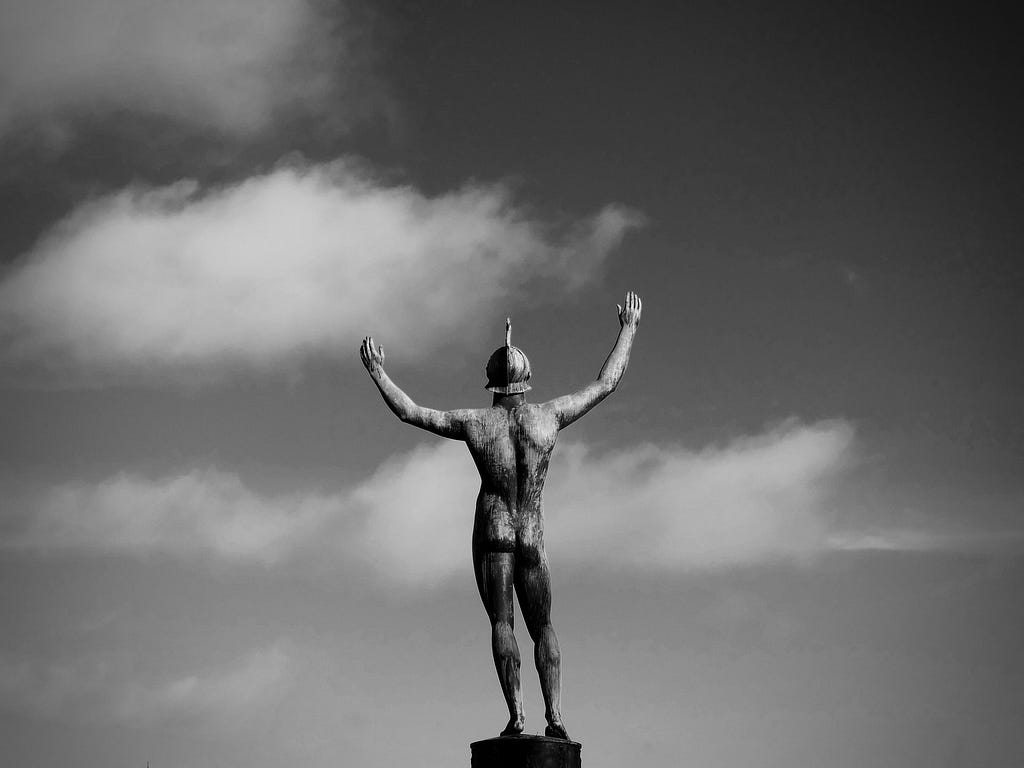 victorious warrior statue black and white