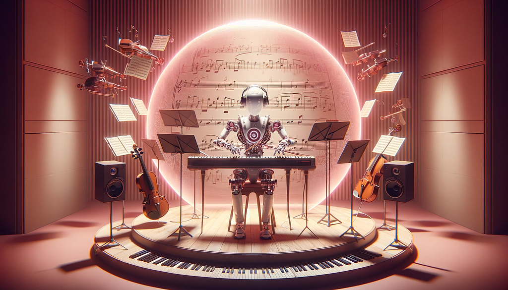 A robot sitting at a keyboard playing and composing music.
