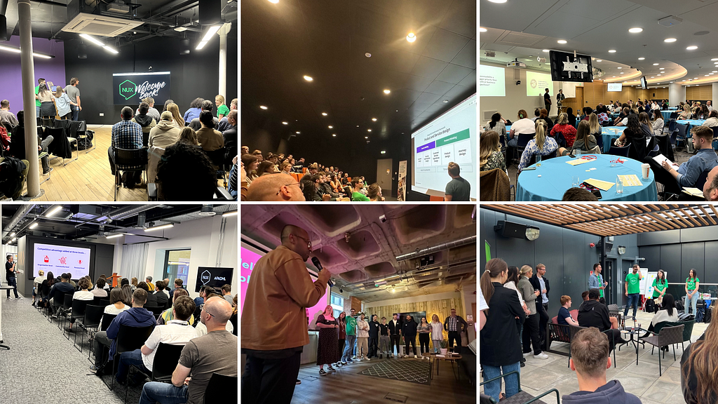 A selection of images from NUX design events so far. These include people presenting talks to a group of people in different venues across Manchester.