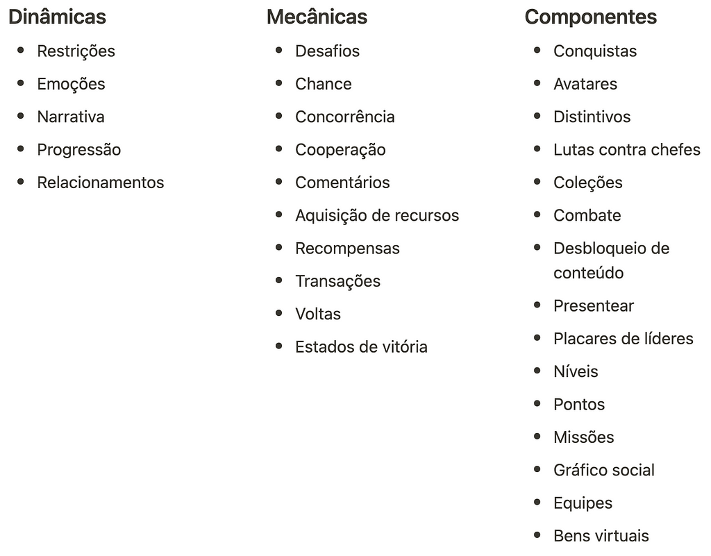 Dinâmicas, mecânicas e componentes da Pirâmide de Elementos.