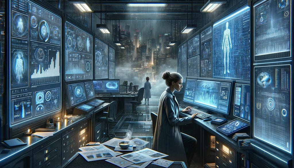 A futuristic lab with a wide array of advanced machines humming in the background. In the center stands a woman, Valeria, a chief AI researcher with a determined expression, surrounded by screens displaying complex data and AI analytics. The atmosphere conveys a sense of suspicion and discovery, with scattered papers, one showing a mysterious city district. A late-night storm is visible through a window, reflecting the tension inside the room. Image 2