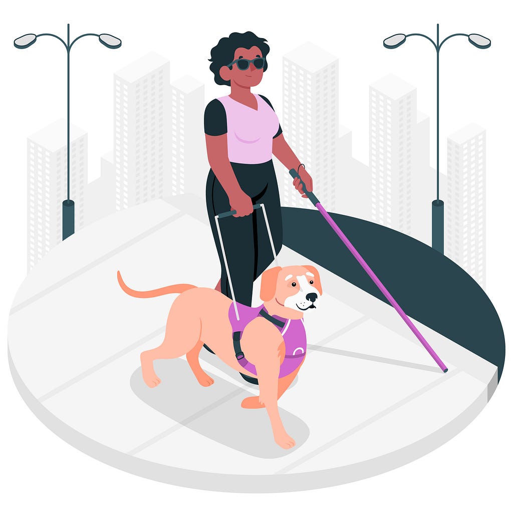 Person who is blind walking with a cane and dog in cartoon style