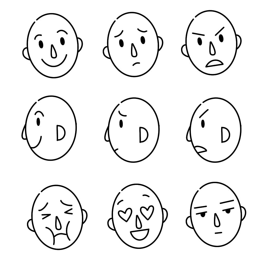 Simple cartoon style faces with different expressions — happy, sad, angry, sick, in love, and unimpressed.