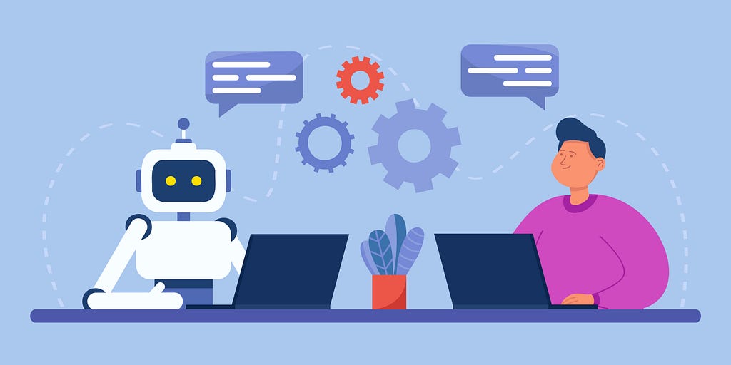 An illustration of an AI robot and human sitting at the same table together working. Chat bubbles and gears show their communication.