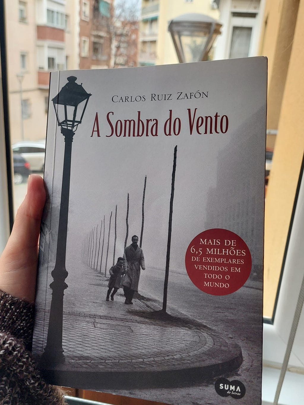 Brazilian cover of the book The Shadow of the Wind (La Sombra del Viento, in Spanish). It is a photo of a man and a boy walking through the streets of Barcelona, ​​in black and white, and with red writing, also indicating that more than 6.5 million copies were sold worldwide.