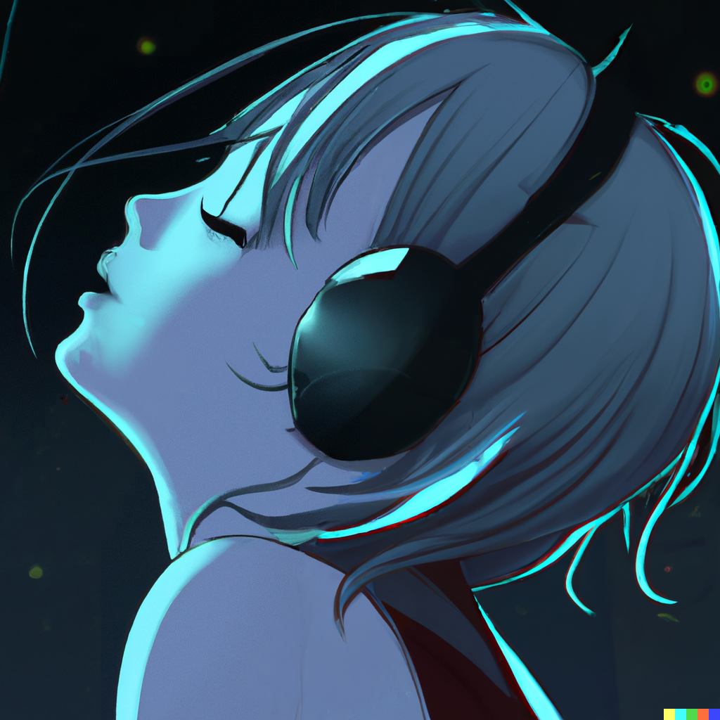 A full extended picture of alpha, only now we can see the back of her head. Her hair is cut in a messy bob and ends above her shoulders. The back of her head is tinted by a neon blue light.