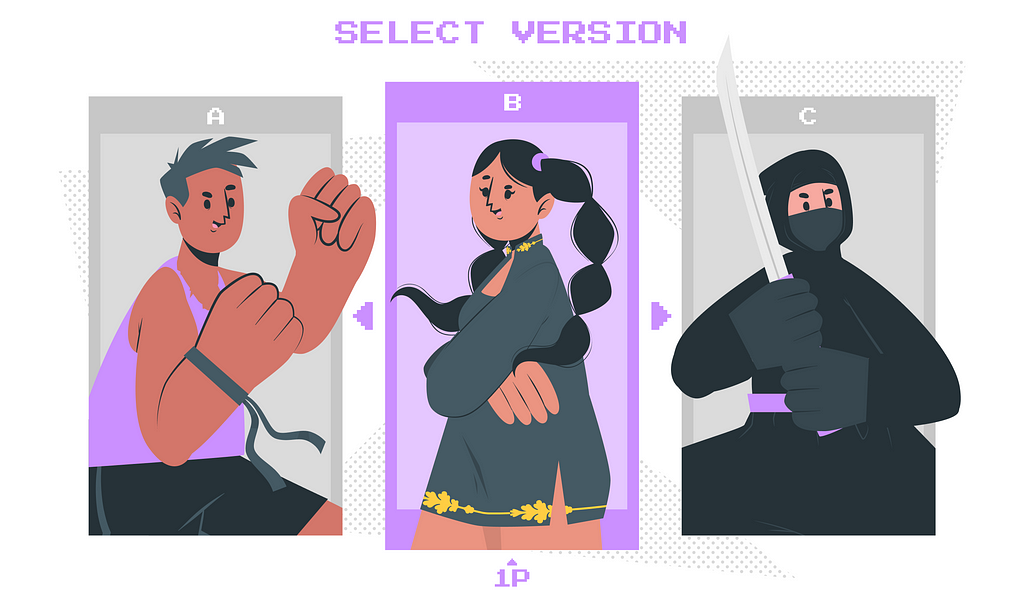 Vector illustration inspired by videogame character selection screens, with player A, B, and C. Text above reads “Select Version”.