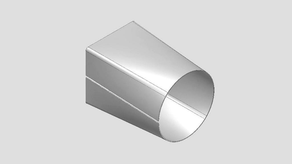 Screenshot from a CAD program depicting a circle gradually transforming into a square, in the form of a piece of virtual sheet metal bent into a cylinder with a lofted cross-section.
