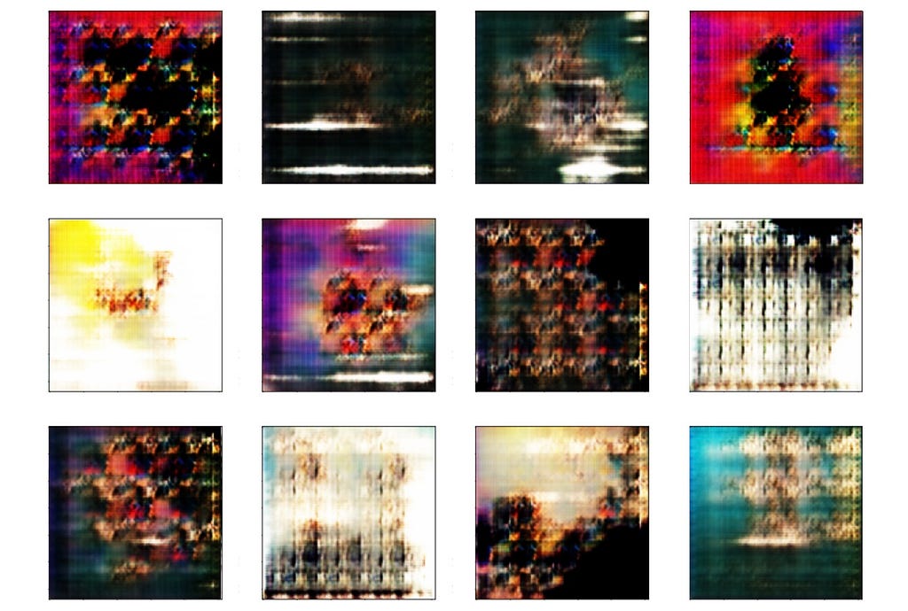 Examples of DCGAN generated album covers. 4 by 3 grid of abstract, color images.