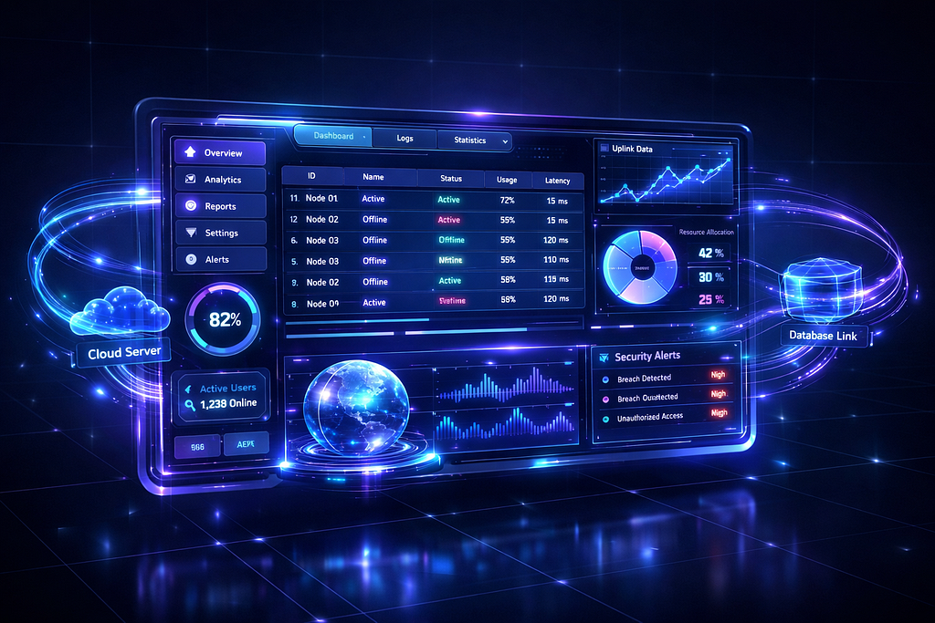 A futuristic holographic data dashboard floating in 3D space with glowing blue and purple interface elements, interactive buttons, data tables, and flowing data streams — representing Power BI’s new Translytical Task Flows capability.