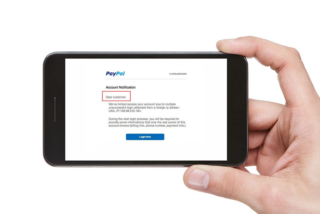 Screenshot of PayPal phishing scam displayed on smartphone screen.