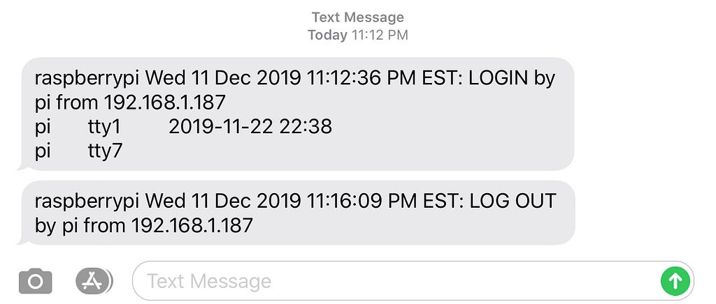 Screenshot of text messages reporting login and log out
