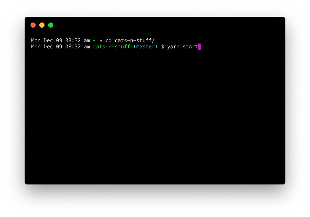 Terminal commands: “cd cats-n-stuff/” and “yarn start”