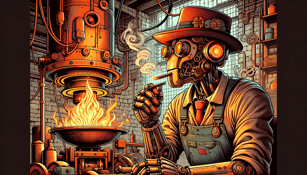 A steampunk robot mechanic with a cigarette, wearing detailed overalls, is actively repairing a brightly glowing furnace in a gritty basement. The scene contrasts the intricate design of the mechanic with the vibrant flames and mechanical complexity of the furnace.