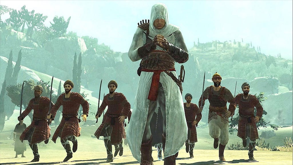 Altair prays in front of a group of soldiers