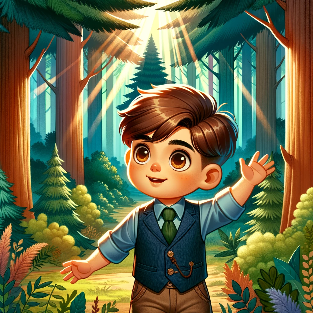 Illustration of a colorful forest scene with towering trees and thick underbrush. Sunlight filters through the canopy, creating a magical atmosphere. Centered in the frame is a young boy, around 7 years old, with distinctive almond-shaped hazel eyes, sandy brown undercut hair, and dimple cheeks. He’s gazing to the left with a joyous expression, arms raised in celebration, and is attired in a smart navy waistcoat and khaki shorts.