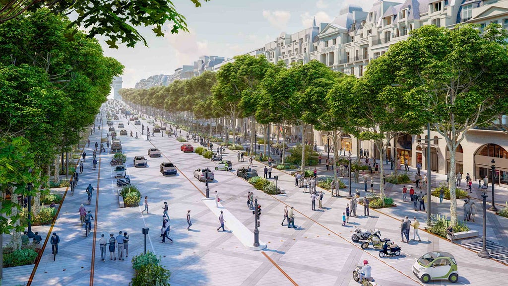 A rendered image of the Champs-Elysees, with grey-white pavement, a criss-cross design. The road is lined with several green trees.