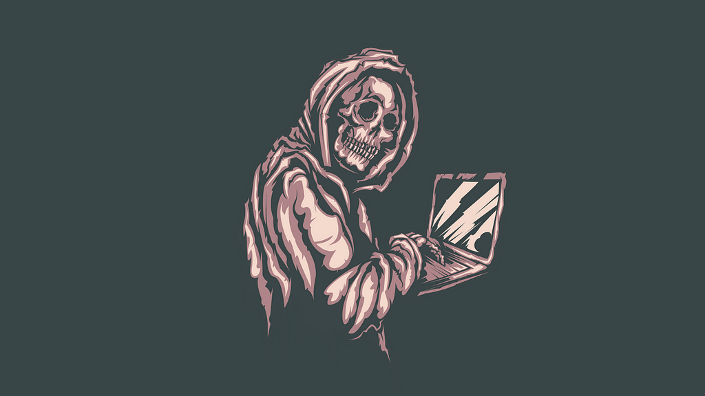 Skeleton in hoodie on the computer