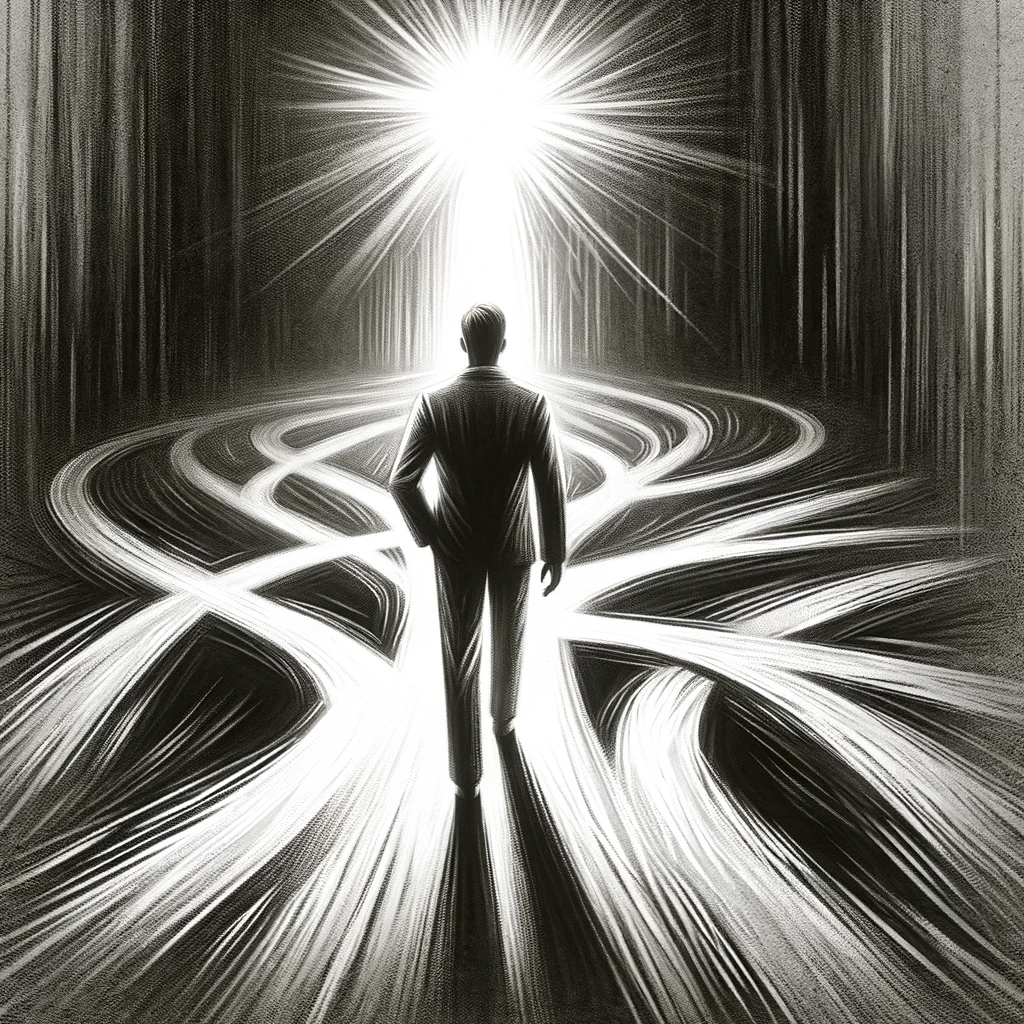 Created in a charcoal style, depicting an individual confidently walking down a chosen path.