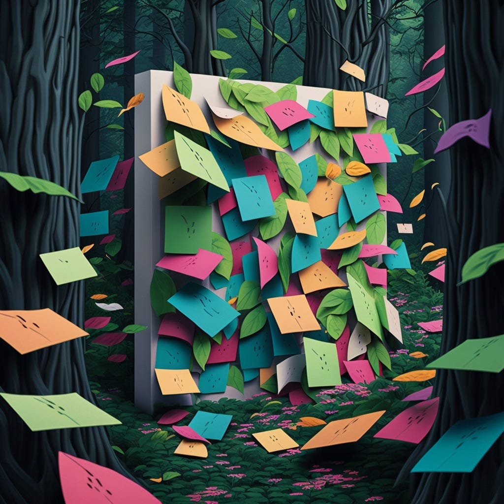 A white wall with lots of sticky notes of different colors in a forest