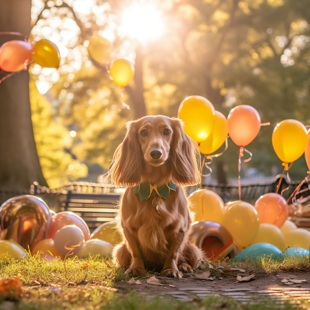 A photograph capturing a 1 year old long-haired dachshund celebrating her 1st birthday party in Central Park during golden hour. The dog is surrounded by colorful balloons, a festive cake, and other dog friends. The style is candid and natural, inspired by the works of photographer William Wegman. The lighting is warm and soft, with the golden hour sun casting a warm glow. The color palette is bright and cheerful, featuring pastel shades of pink, blue, and yellow…