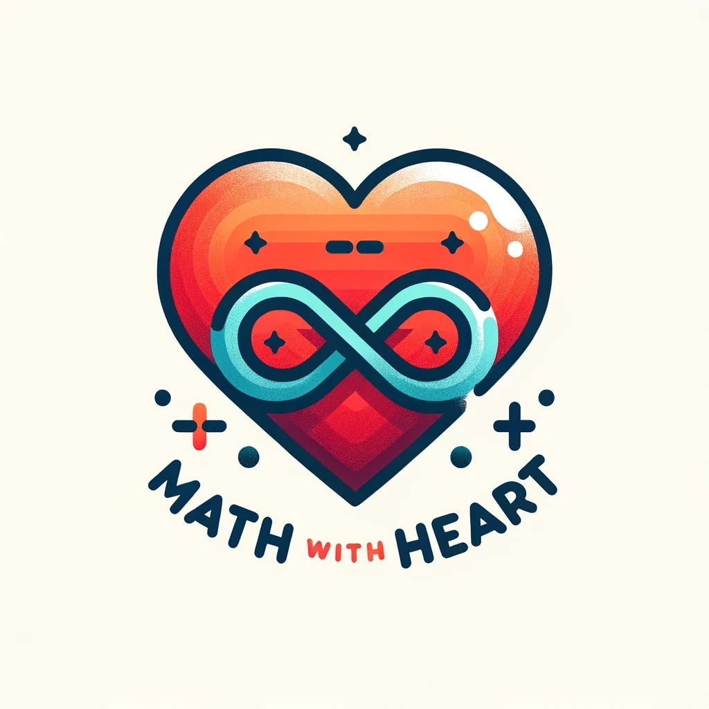 The logo features a heart shape with a gradient of red and orange hues. At the center of the heart is an infinity symbol (∞) intertwined creatively, colored in shades of blue and turquoise, symbolizing endless learning. Surrounding the heart are small mathematical symbols like plus, minus, and multiplication signs, adding a playful educational theme. The text “MATH with HEART” is positioned beneath the heart, with “MATH” and “HEART” in bold, dark blue letters and “with” in smaller, red letters,