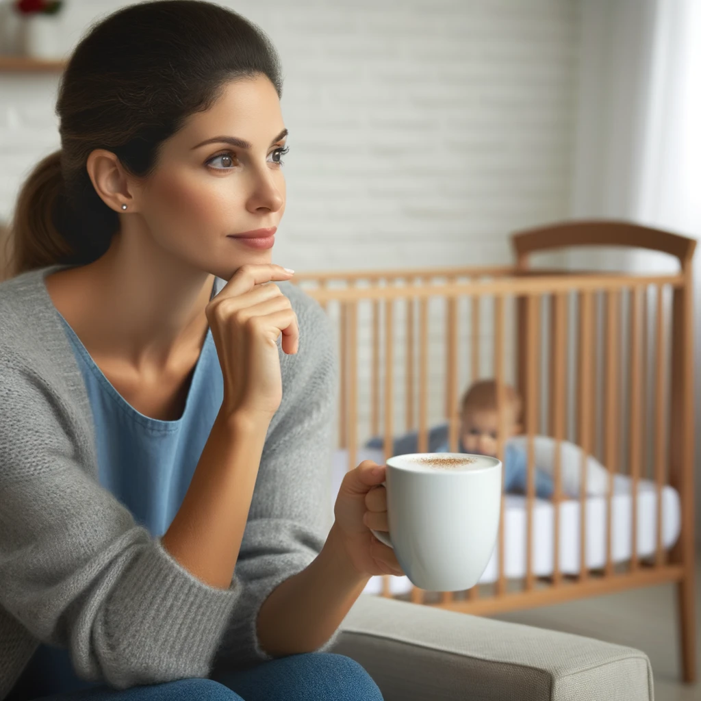 Contemplative mother on a couch with a warm cup, pondering her toddler’s transition from crib to bed